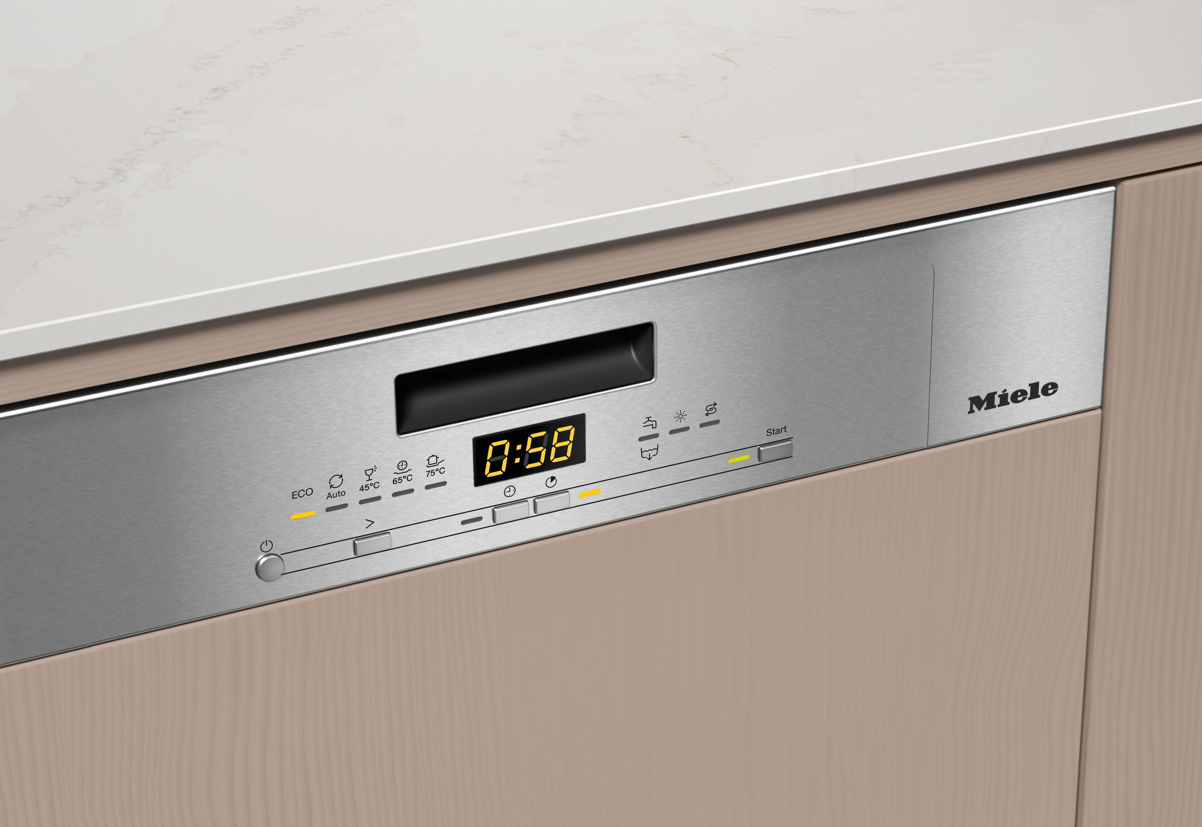 Ein Geschirrspüler-Bedienfeld. Es zeigt die verbleibende Zeit und verschiedene Programoptionen mit dem Miele-Logo.
