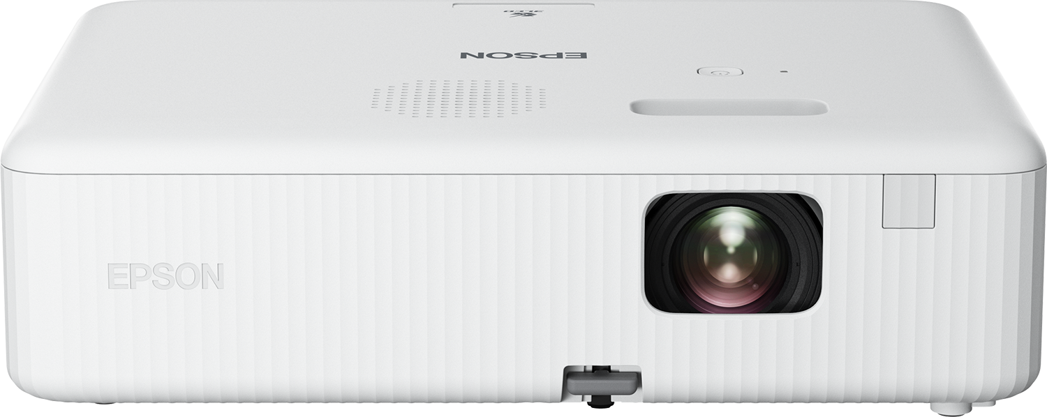 Beyaz Epson projektör. Epson logosu, lens ve üstte kontrol düğmeleri içerir.