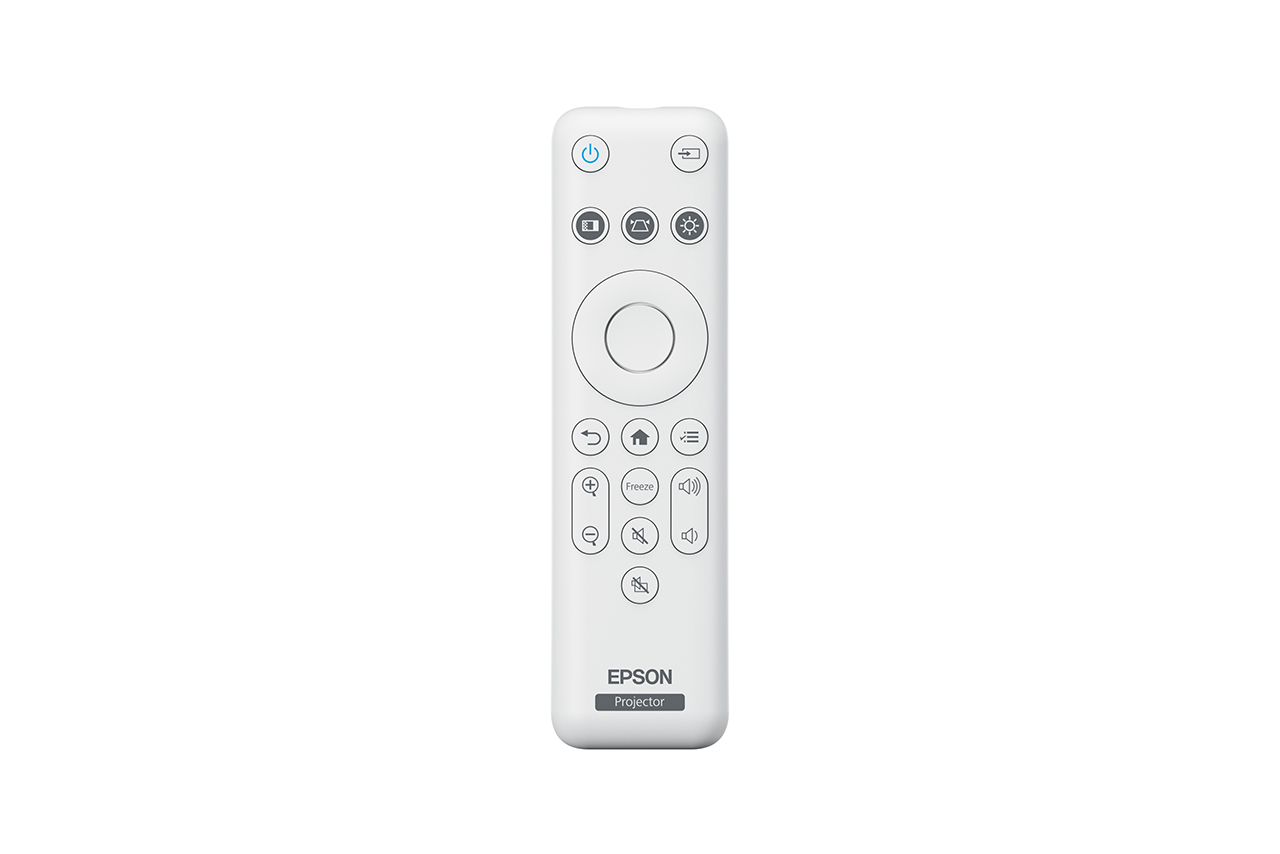 Çok sayıda düğmesi olan beyaz Epson projektör uzaktan kumandası.
