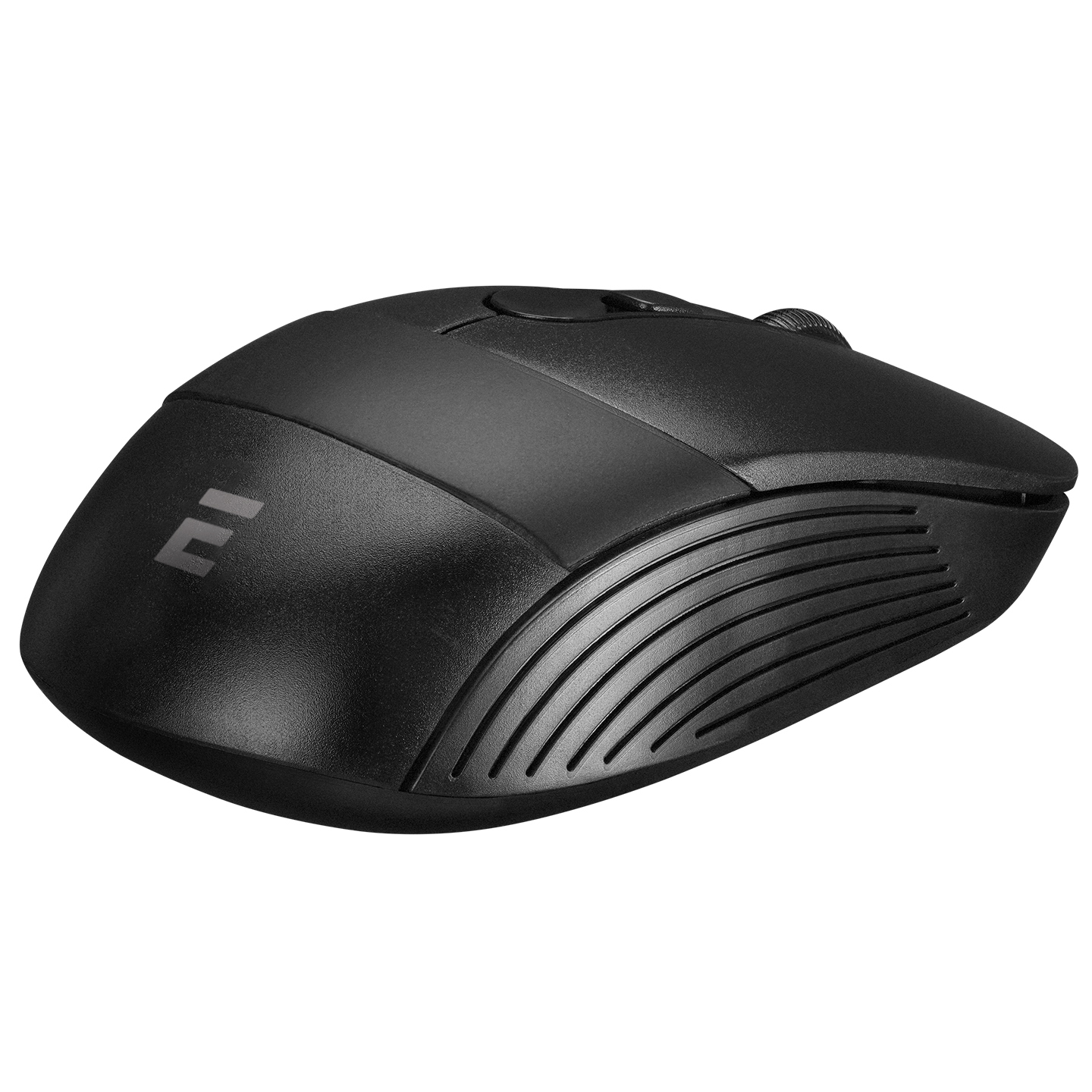 Siyah bilgisayar faresi, yukarıdan görünüm. Kavisli şekil, kaydırma tekerleği ve yan tarafta bir logo. Şık tasarım.