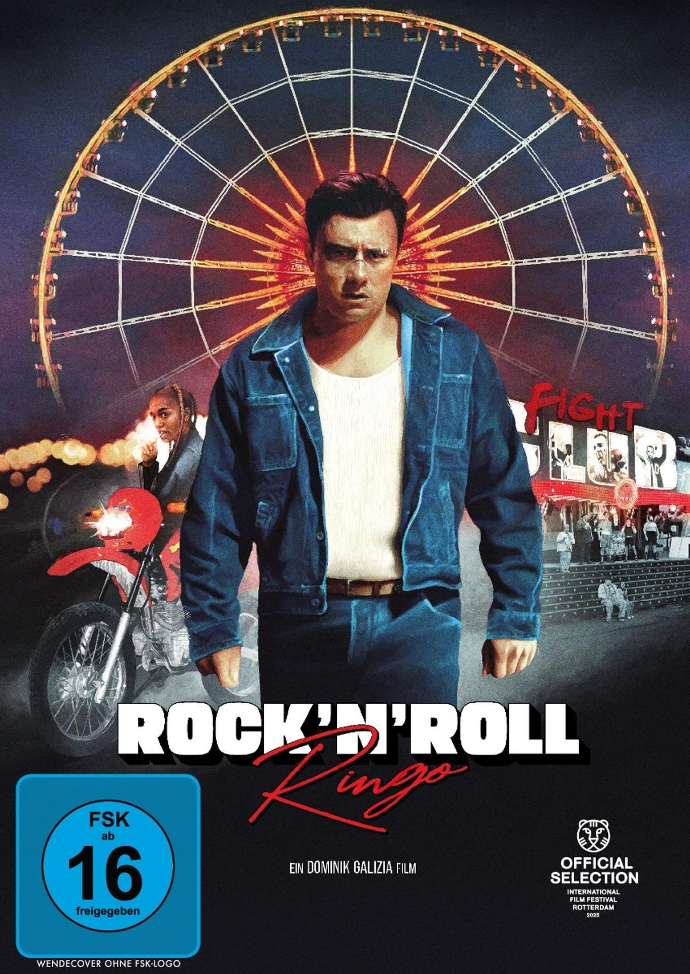 Filmposter mit Mann in Jeansjacke und Motorrad. Riesenrad im Hintergrund, Text 'Rock'n'Roll Ringo'.