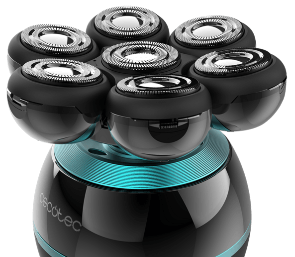 Golarka elektryczna z sześcioma głowicami obrotowymi. Widok z bliska, niebieski akcent.