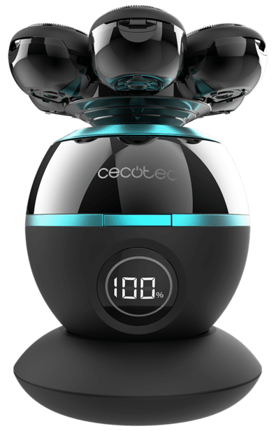 Czarna i srebrna golarka elektryczna na czarnej podstawie, z wyświetlaczem 100%.