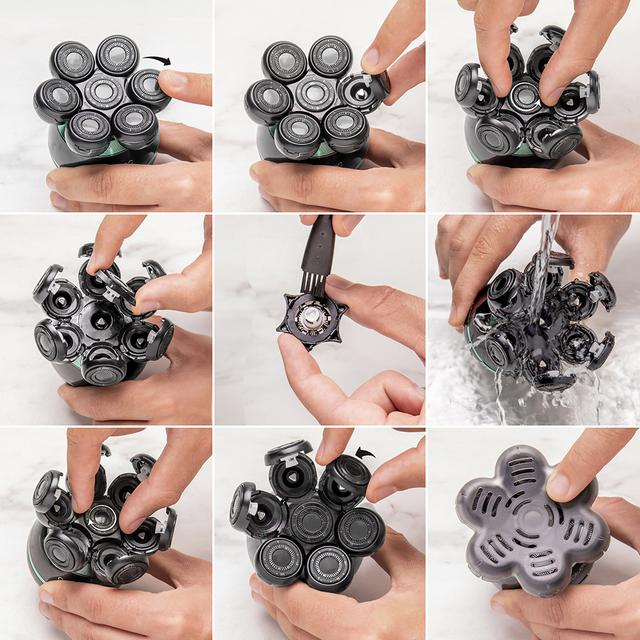 Obrazy pokazują kroki czyszczenia głowicy golarki, w tym demontaż, czyszczenie i ponowny montaż.