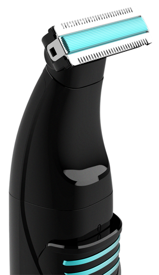 Czarna golarka elektryczna z niebieskim światłem na dole. Na górze widać ostrza tnące.