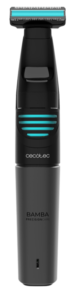 Czarno-szare narzędzie do pielęgnacji mężczyzn. Jest to trymer z logo Cecotec i niebieskimi światłami.