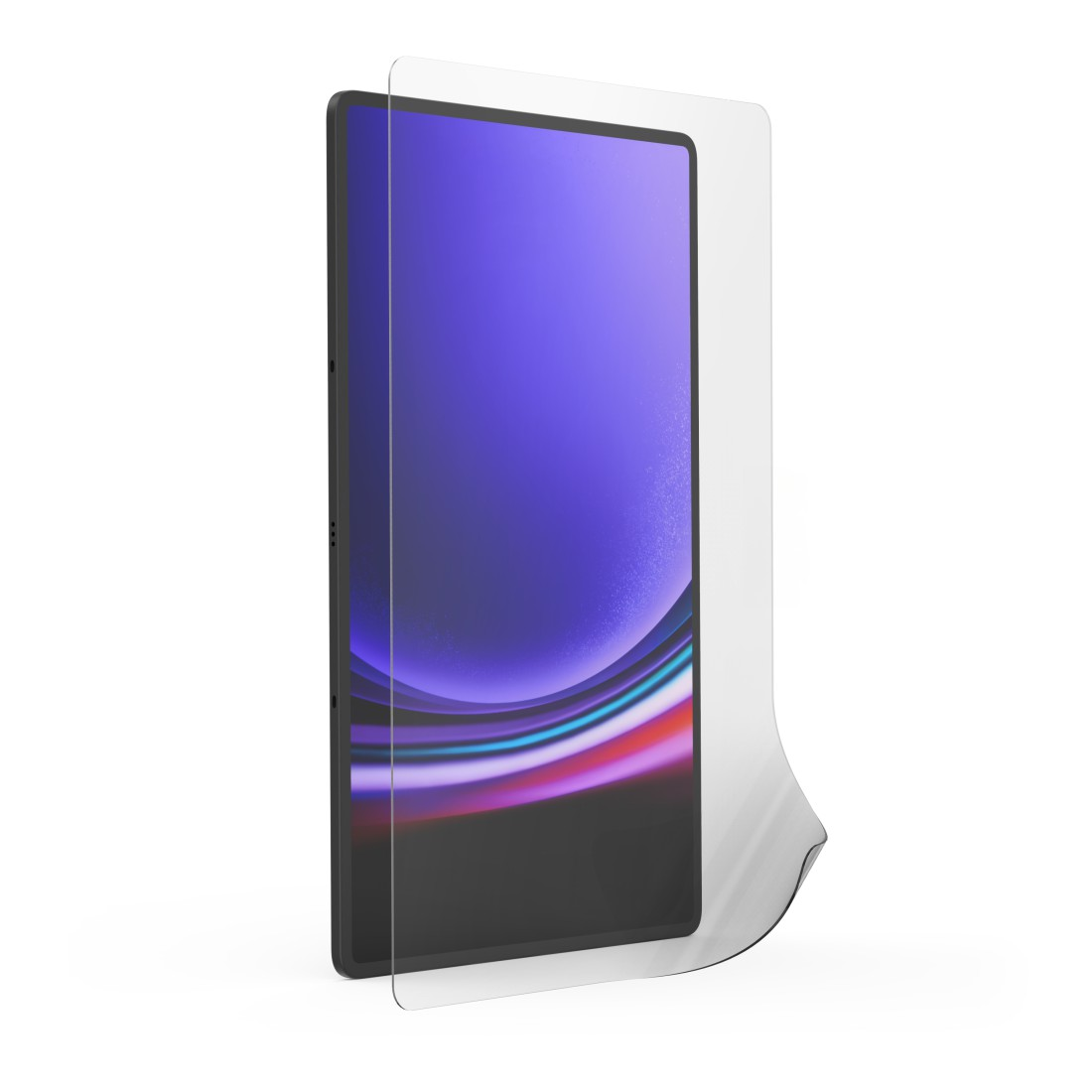 Tablet mit Displayschutzfolie. Klare Folie teilweise abgezogen. Lila Bildschirm sichtbar.