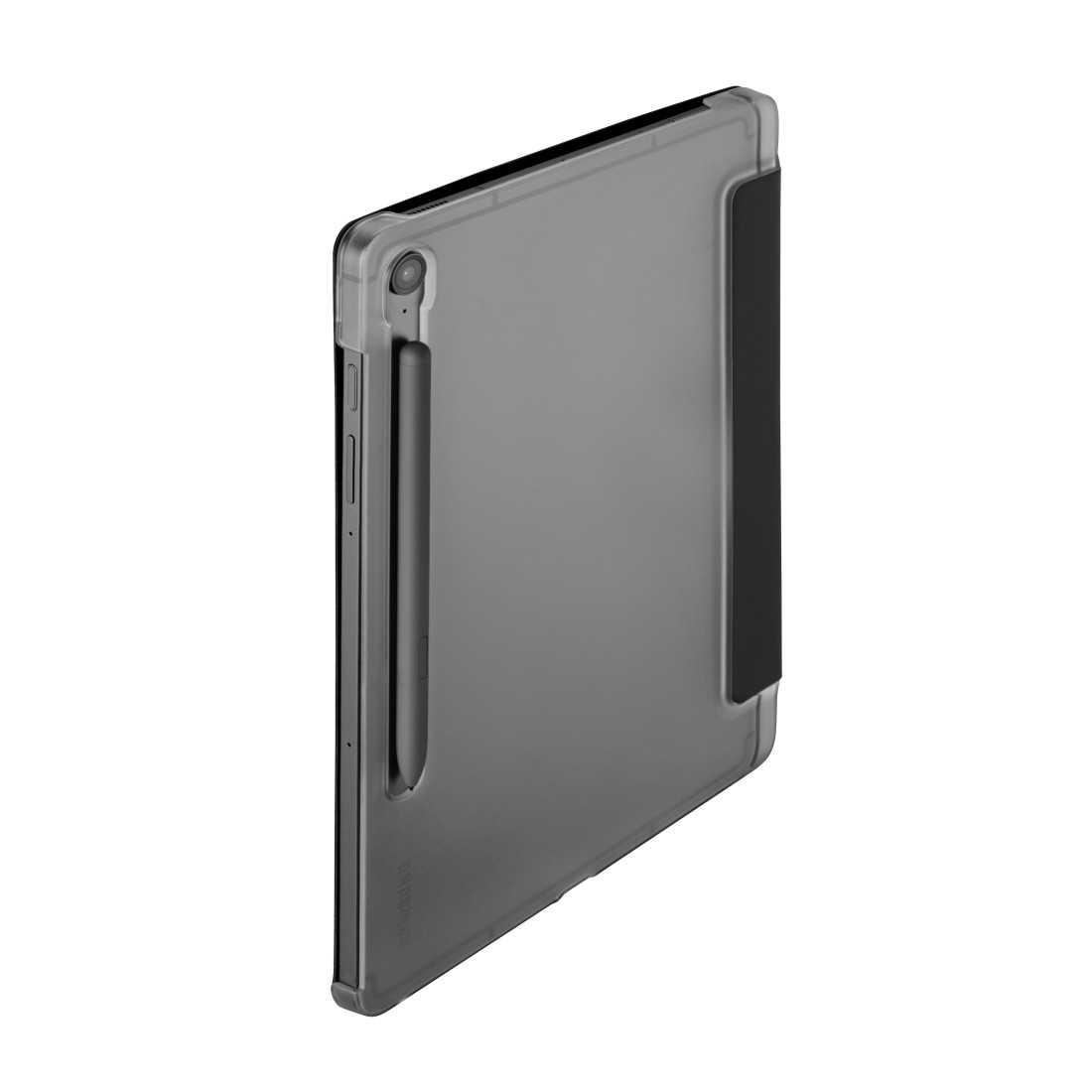 Graues Tablet mit angebrachtem Cover, mit einem Stift im Cover.