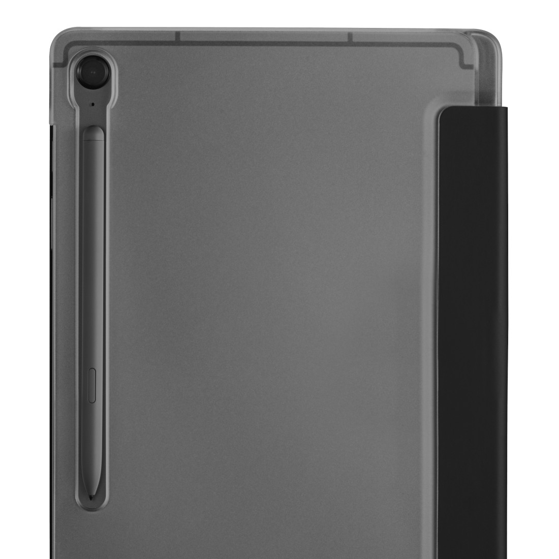 Graues Tablet mit Stift in Schutzhülle. Hülle grau und schwarz.