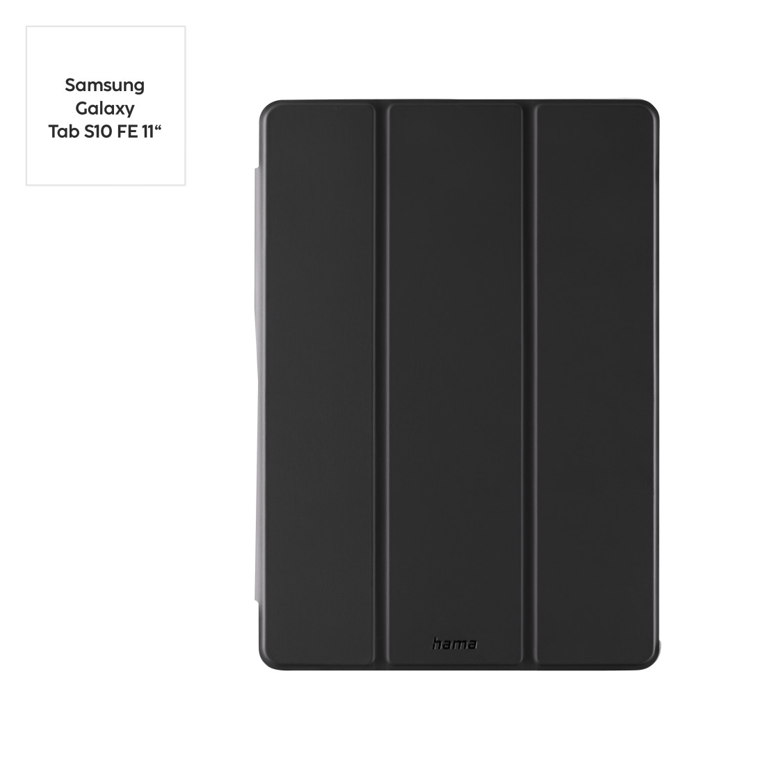 Schwarze Tablet-Hülle mit drei vertikalen Falten. Samsung Galaxy Tab S10 FE 11"-Etikett oben links.