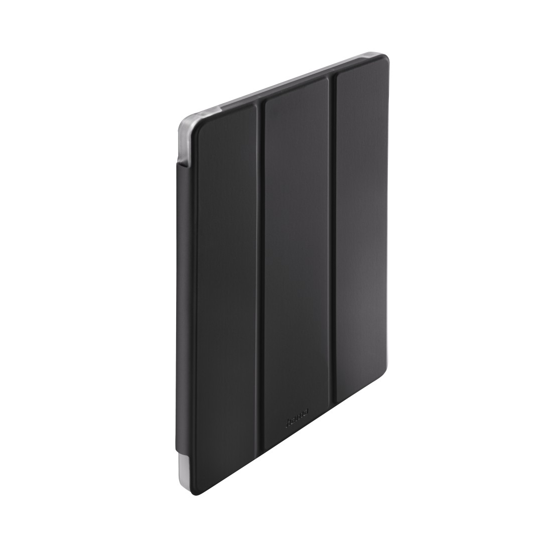 Eine schwarze Tablethülle mit silbernem Rahmen, in einer Standposition gefaltet.