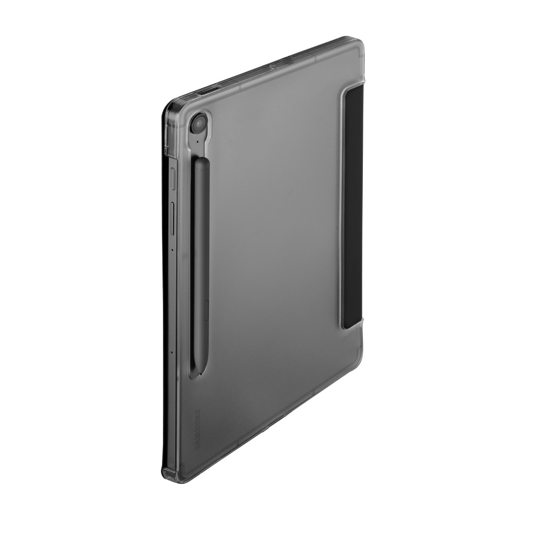 Ein graues Tablet in einer grauen Hülle mit einem schwarzen Stift, von der Seite betrachtet.