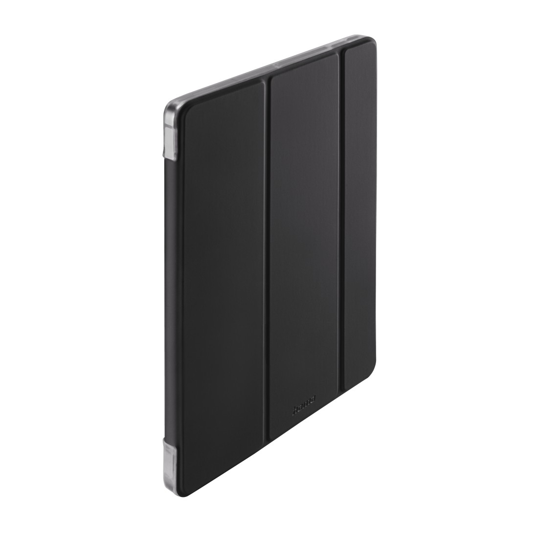 Eine schwarze Tablet-Hülle, geschlossen, mit glänzendem Rand, auf weißem Hintergrund.