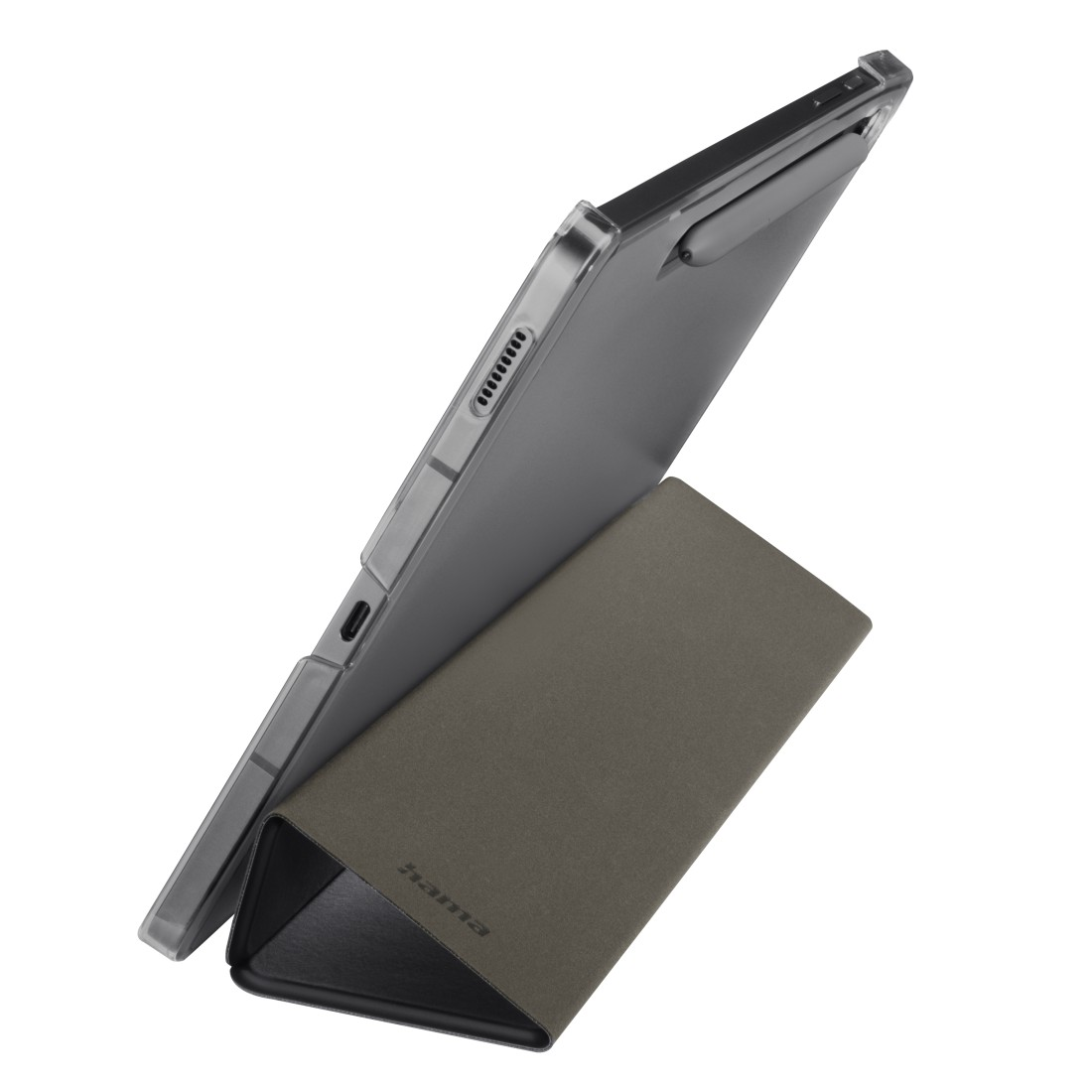 Tablet in einem Case aufgestellt. Das Case ist dunkelbraun und das Tablet schwarz.