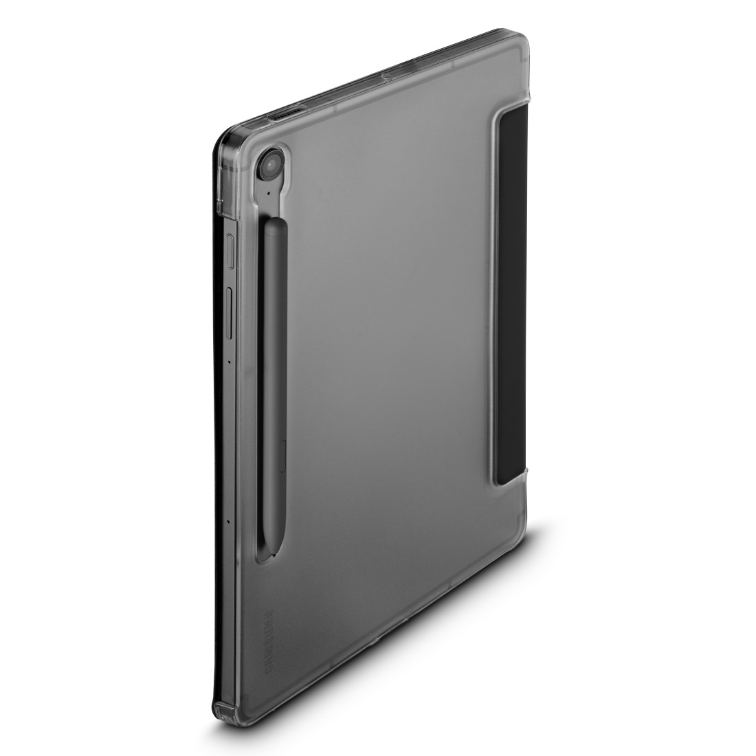Ein dunkelgraues Tablet mit einem schwarzen Stift. Das Tablet ist in einer transparenten Hülle.