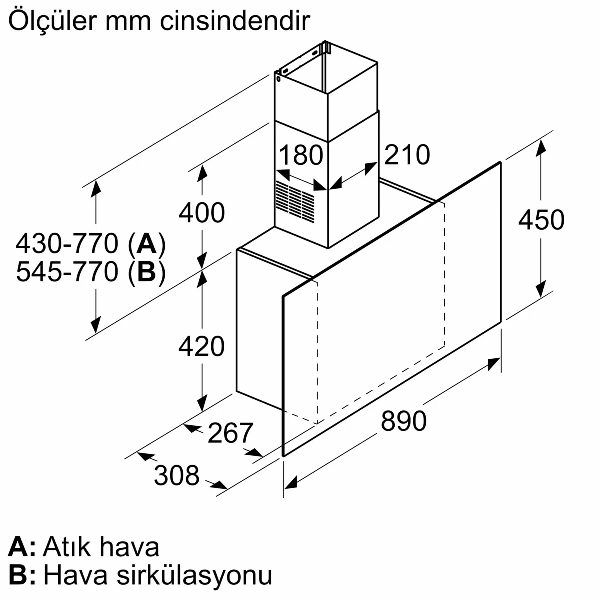 Ölçüleri mm cinsinden olan bir davlumbaz şeması.
