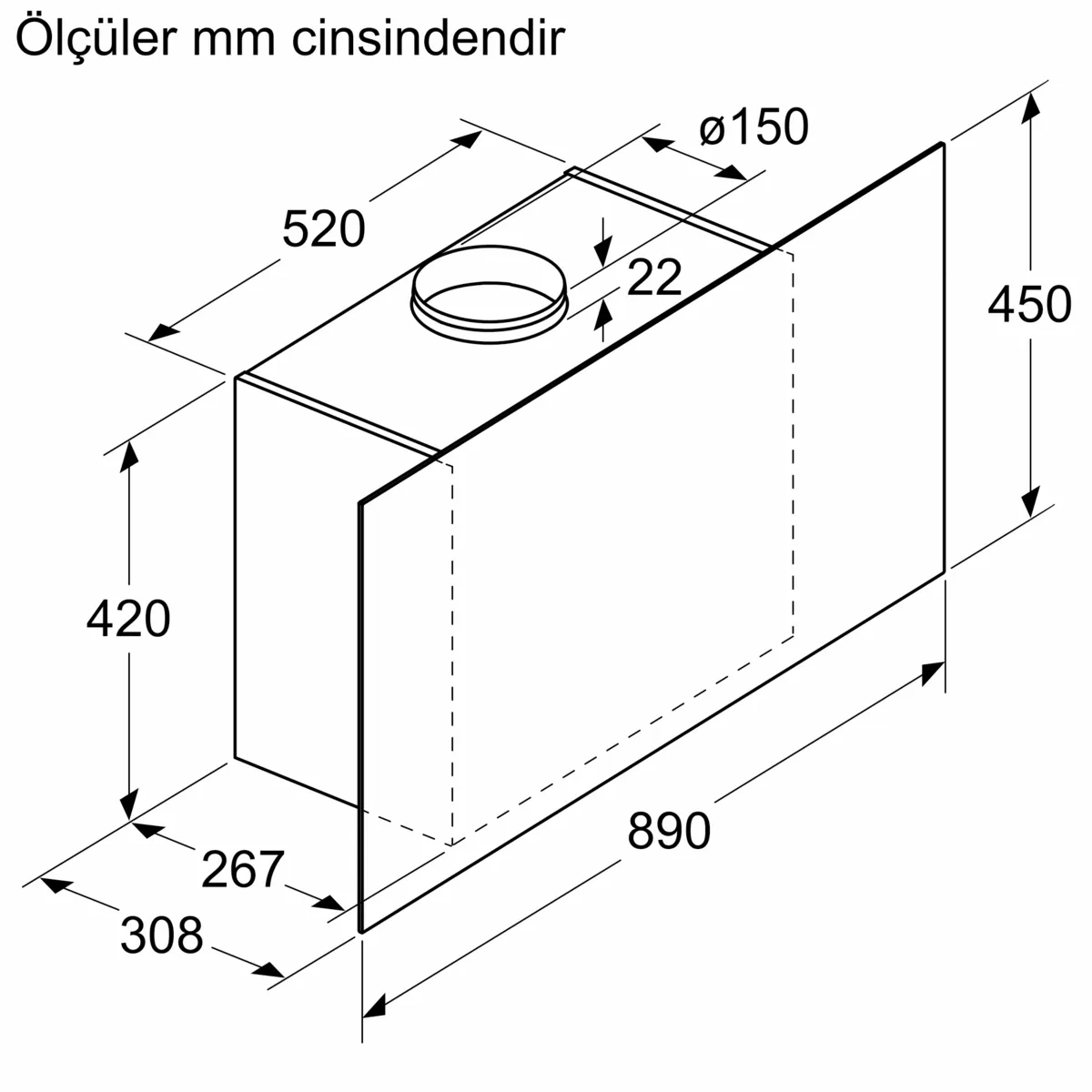 Ölçülerin mm cinsinden gösterildiği bir davlumbaz diyagramı.
