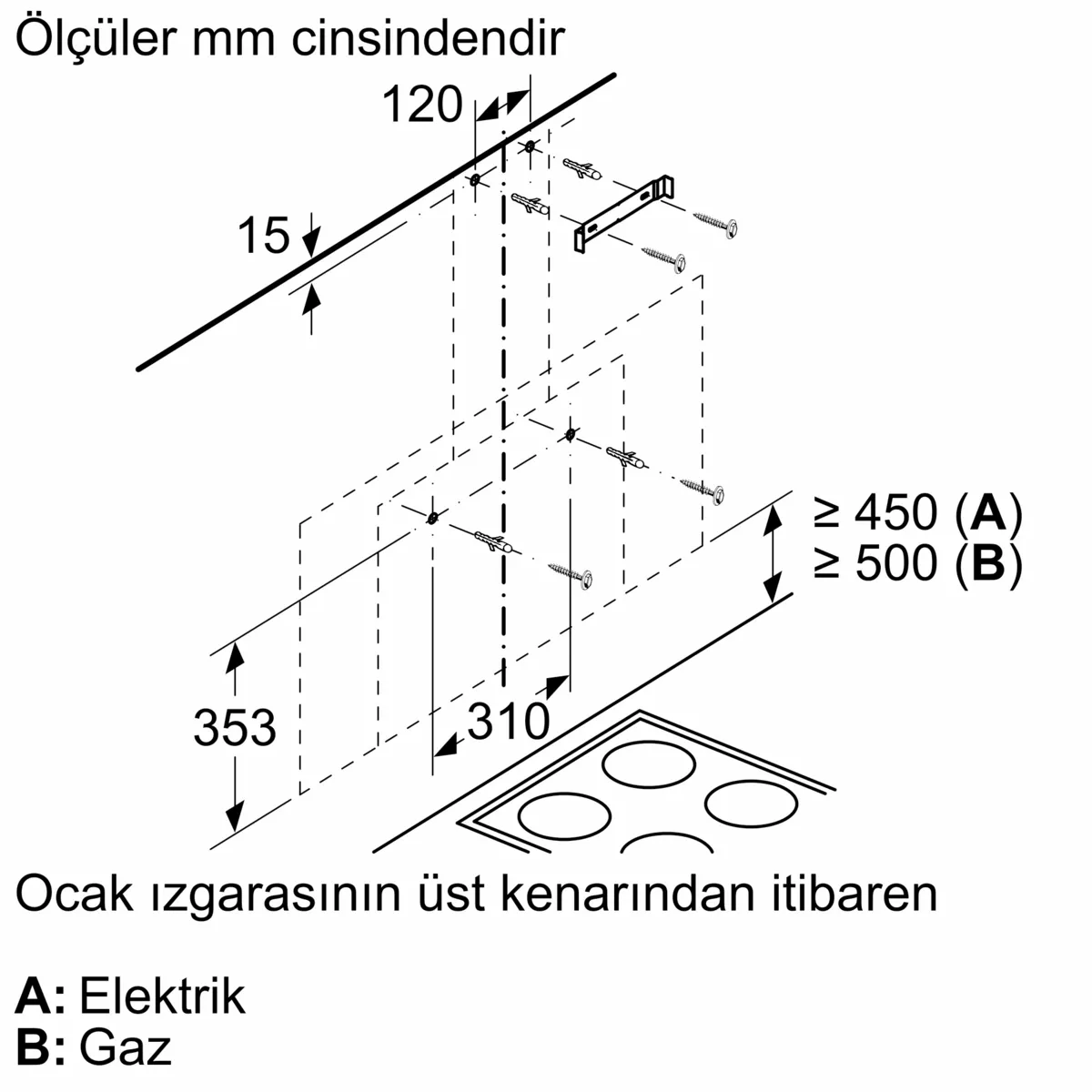 Ocak montaj detaylarını gösteren, mm cinsinden boyutlara sahip teknik çizim. Elektrik/gaz seçeneklerini içerir.
