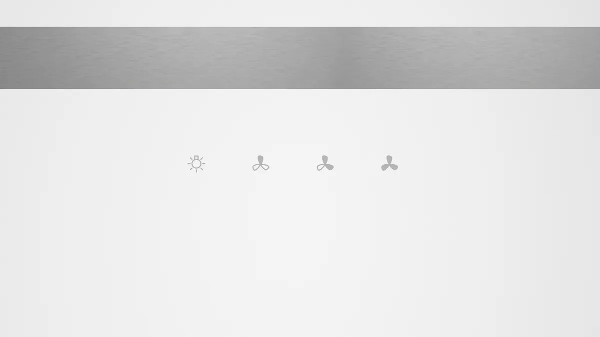 Beyaz cihaz kontrol paneli, ışık ve fan sembolleri ile. Minimalist tasarım, temiz beyaz yüzey.