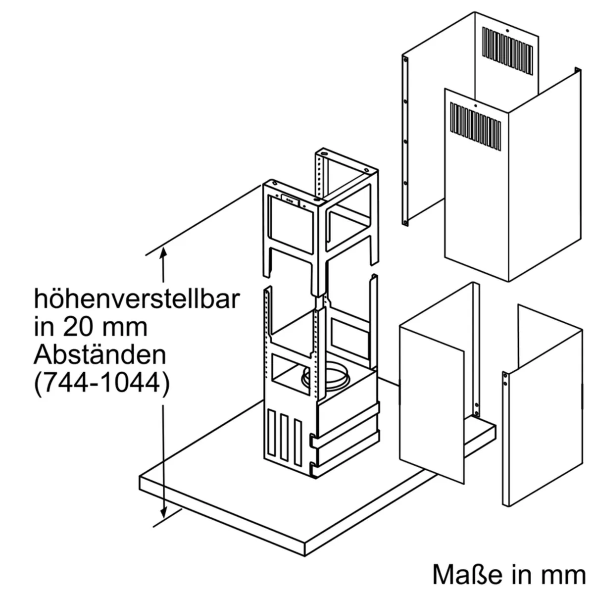 Ölçümleri ve ayarlanabilir parçaları gösteren, metal bir yapının patlatılmış diyagramı.