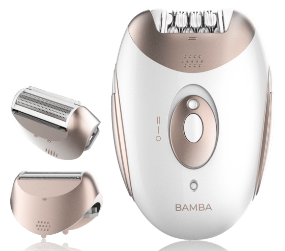 Biały i różowo-złoty depilator z nakładkami.