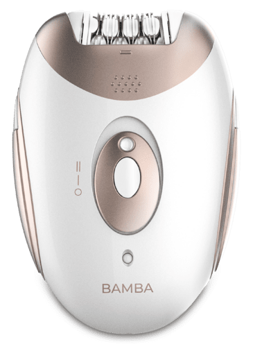 Biały i różowo-złoty depilator. Owalny kształt z centralnym przyciskiem i marką Bamba.