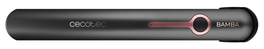 Czarna prostownica do włosów z różowo-złotymi akcentami, z napisem Cecotec i Bamba.