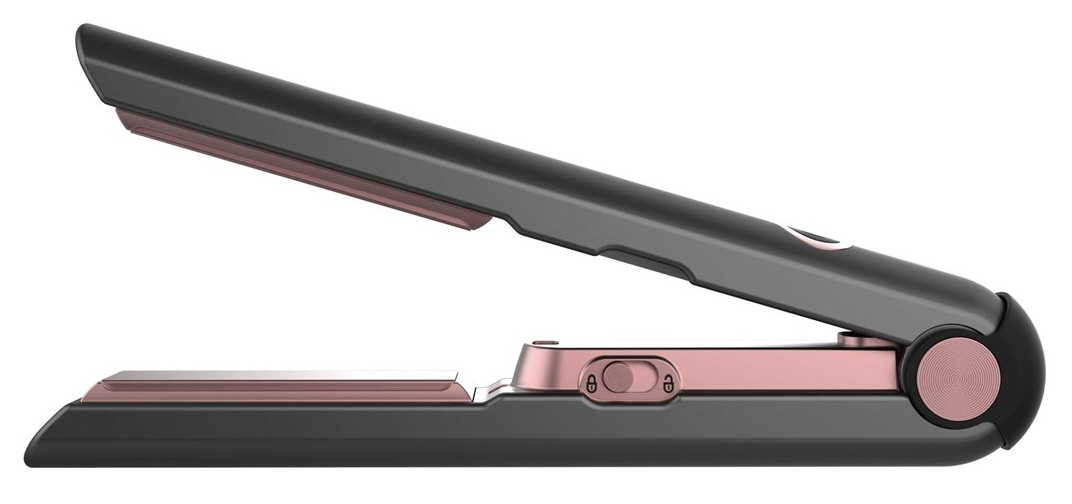 Czarna i różowo-złota prostownica do włosów, otwarta i gotowa do użycia, leżąca płasko.
