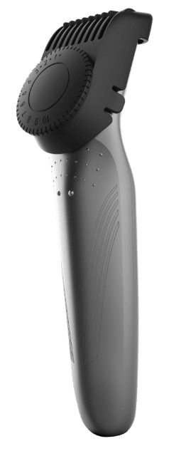 Czarno-szara trymer do brody z pokrętłem i ustawieniami, na ciemnym tle.