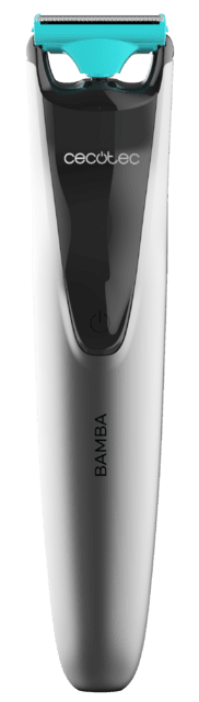 Biało-czarna golarka elektryczna z niebieską głowicą. Widoczna jest nazwa marki 'cecotec'.