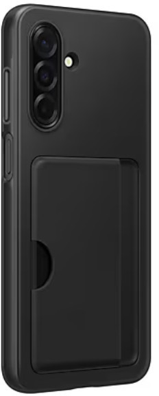 Czarne etui na telefon z miejscem na kartę i trzema obiektywami. Nowoczesny design.