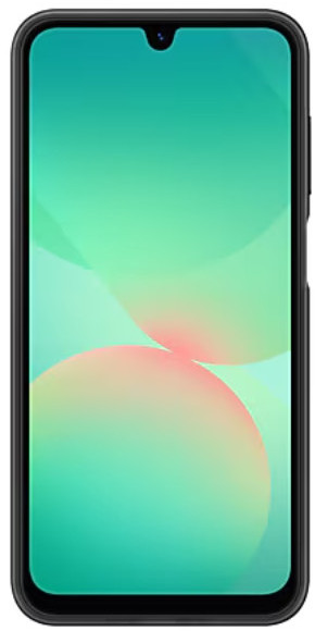 Smartfon z zielono-różowym gradientem na ekranie, czarna ramka.