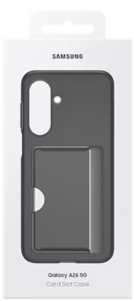 Czarne etui na telefon Samsung z miejscem na kartę, prezentowane w białym pudełku.