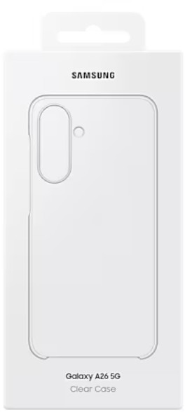 Przezroczyste pudełko na etui na telefon z napisem 'Galaxy A26 5G Clear Case'.