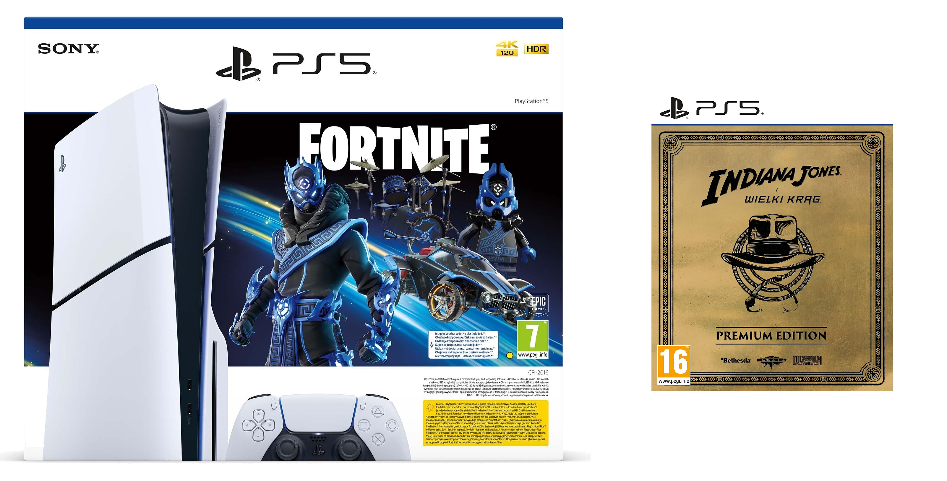 Konsola PS5 i pudełko z grą Fortnite i Indiana Jones. Białe tło.