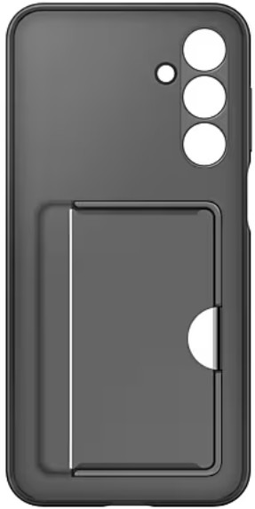 Czarne etui na telefon z uchwytem na karty, otwory na aparat.