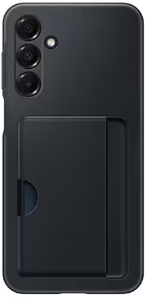 Czarne etui na telefon z miejscem na karty. Ma trzy tylne aparaty i lampę błyskową.