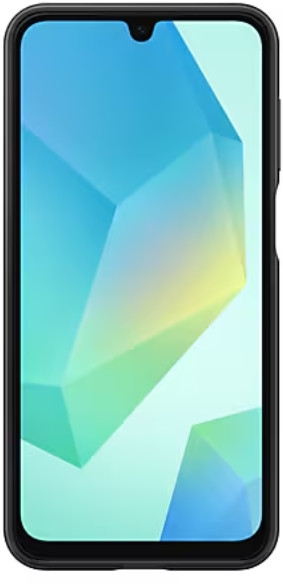 Czarny smartfon z niebiesko-zielonym abstrakcyjnym tłem.