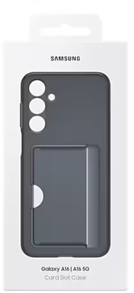 Białe pudełko z czarnym etui na telefon. Etui ma gniazdo na karty i logo Samsung u góry.