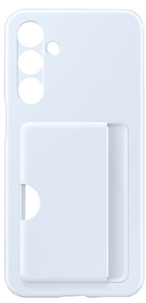 Białe etui na telefon z miejscem na karty. Ma wycięcie na aparat i gniazdo na karty.