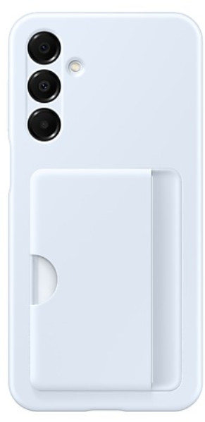 Jasnoniebieskie etui na telefon z uchwytem na karty z tyłu. Widoczne trzy kamery. Białe tło.