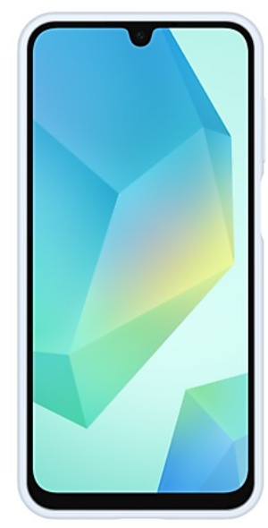 Smartfon z niebieską obudową, wyświetlający geometryczne abstrakcyjne tło.