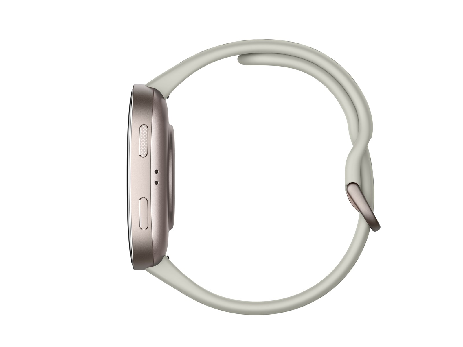 Widok z boku różowozłotego smartwatcha z jasnoszarym paskiem.