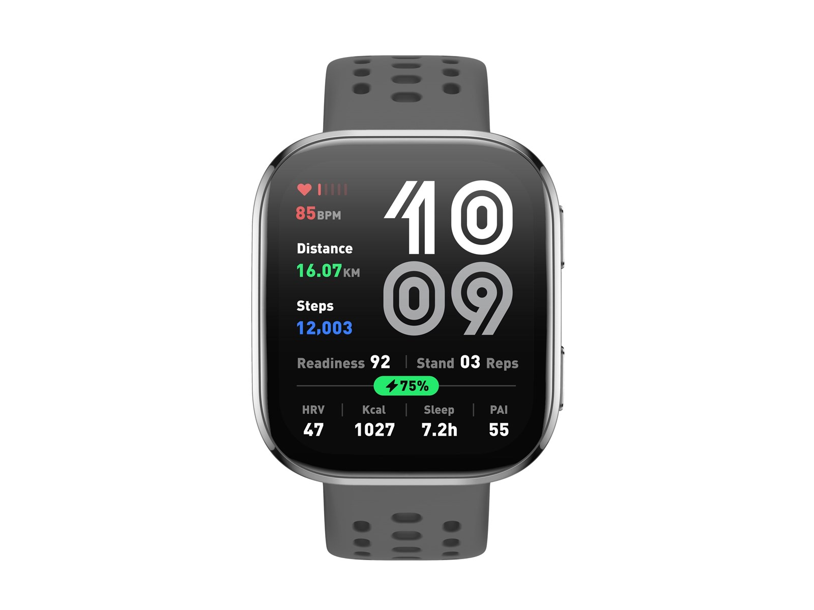 Smartwatch pokazujący czas, tętno, dystans, kroki i dane gotowości na szarym pasku.