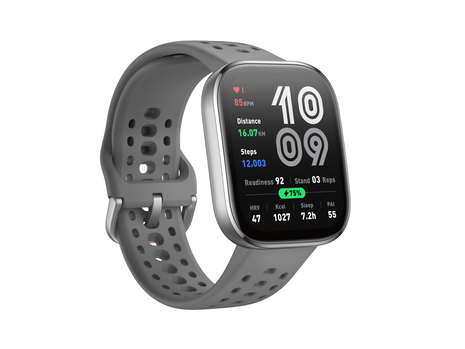 Smartwatch z szarym paskiem wyświetlający czas, tętno, dystans, kroki, gotowość, sen i PAI.