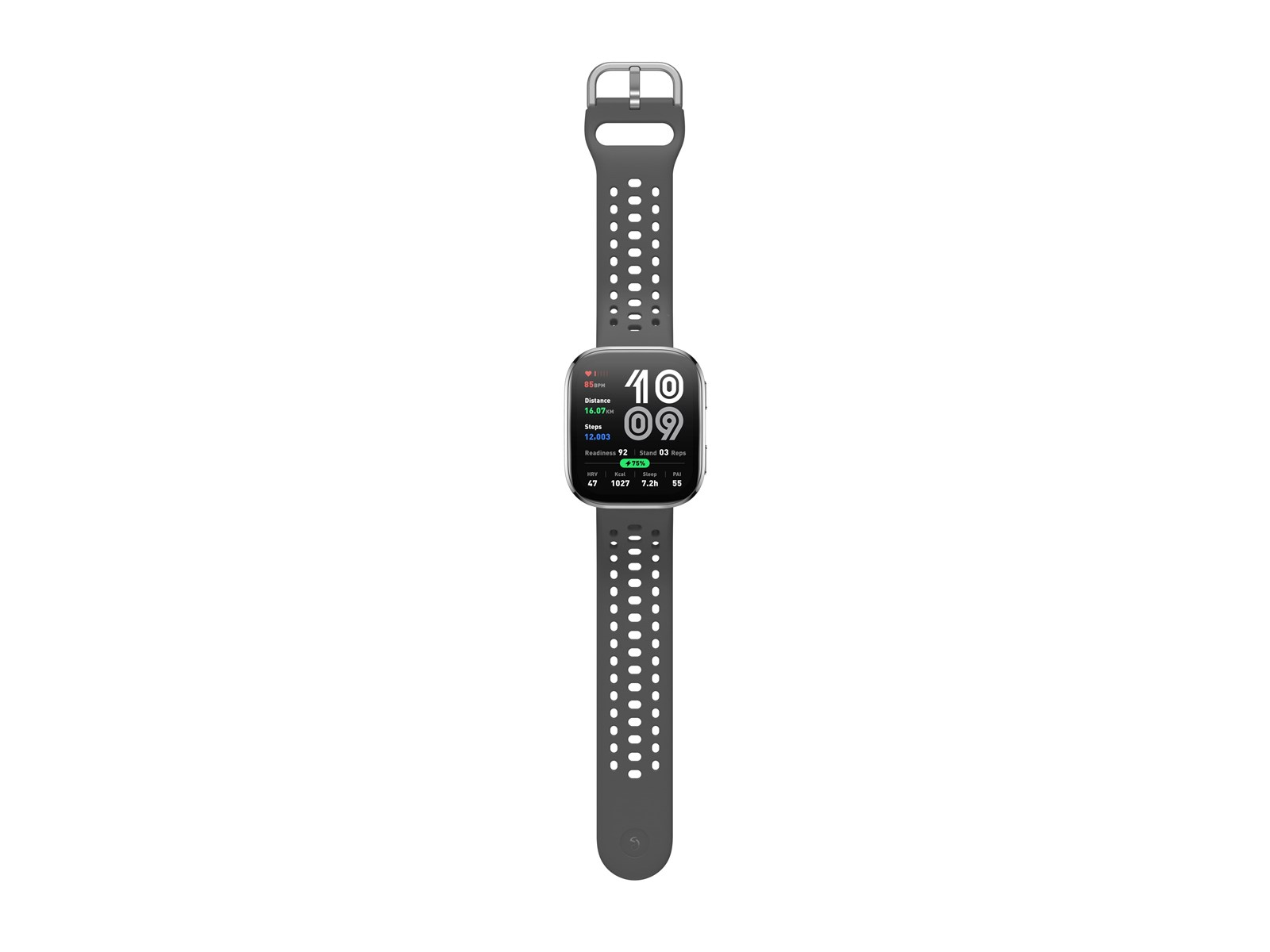 Smartwatch z szarym paskiem, wyświetlający czas, tętno, dystans, kroki, gotowość, sen i PAI.