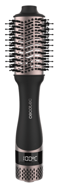 Szczotka do suszenia włosów, czarna i różowo-złota, z cyfrowym wyświetlaczem temperatury.