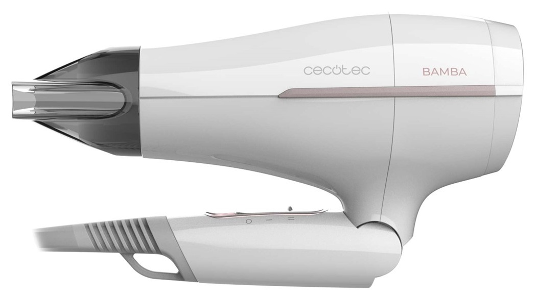 Biała suszarka do włosów ze złotymi akcentami i napisem "BAMBA".