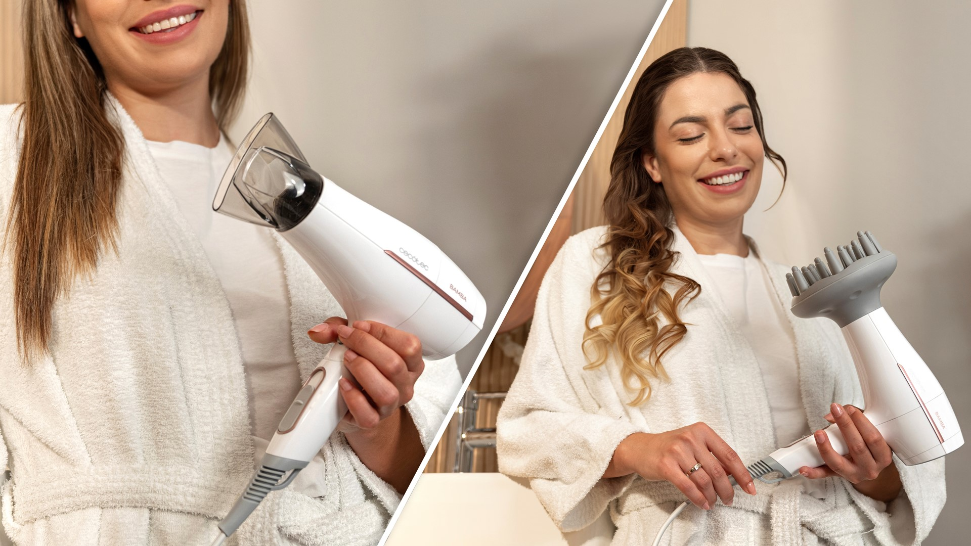 Dwie kobiety trzymające białe suszarki do włosów. Jedna używa dyszy, druga się uśmiecha.