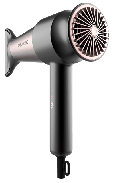 Czarno-szara suszarka do włosów ze złotymi akcentami, zamontowana na czarnym tle.